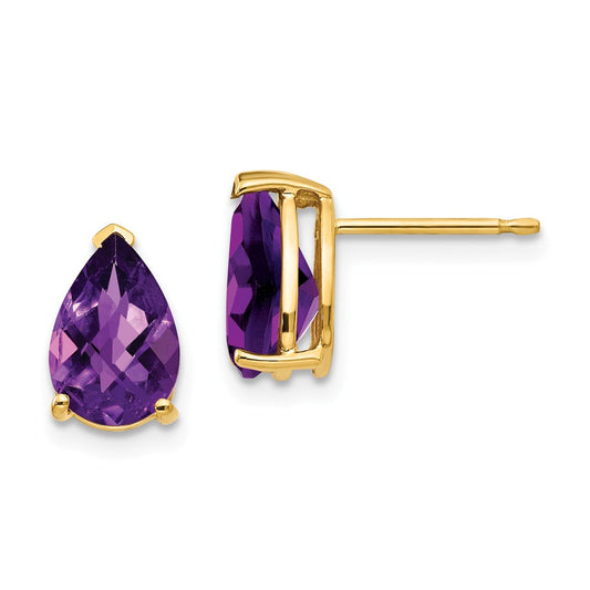 Million Charms 14k Yellow Gold 9x6mm Pear Amethyst Checker Earrings, 10mm x 6mm