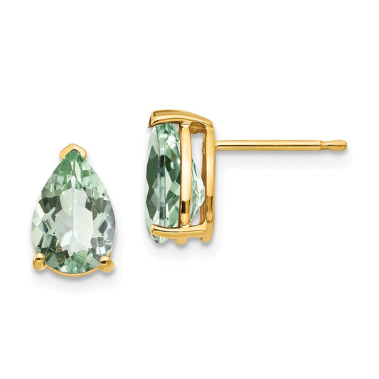 Million Charms 14k Yellow Gold 9x6 Pear Green Quartz Earrings, 10mm x 6mm