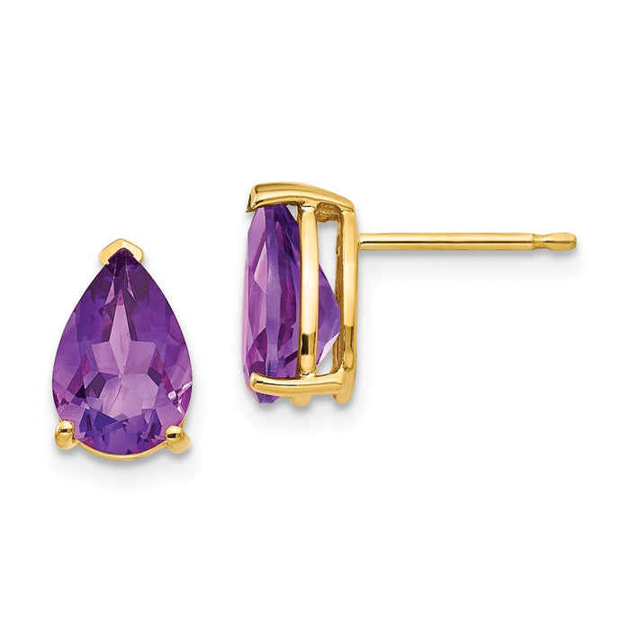 Million Charms 14k Yellow Gold 9x6mm Pear Amethyst Earrings, 10mm x 6mm