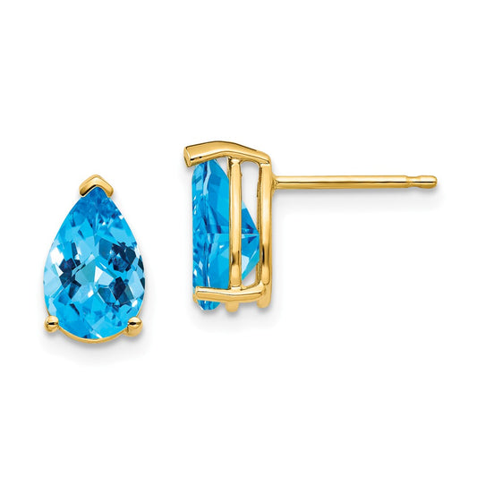 Million Charms 14k Yellow Gold 9x6mm Pear Blue Topaz Checker Earrings, 10mm x 6mm