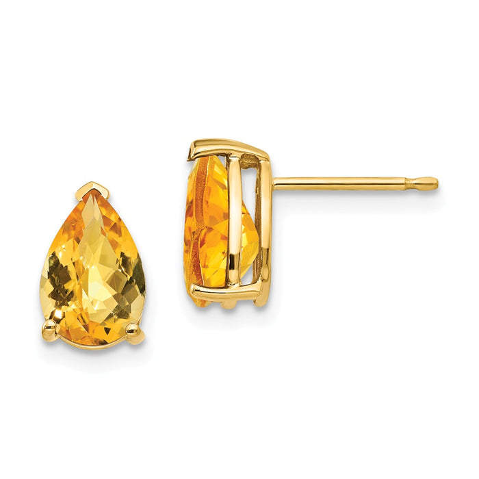 Million Charms 14k Yellow Gold 9x6mm Pear Citrine Checker Earrings, 10mm x 6mm