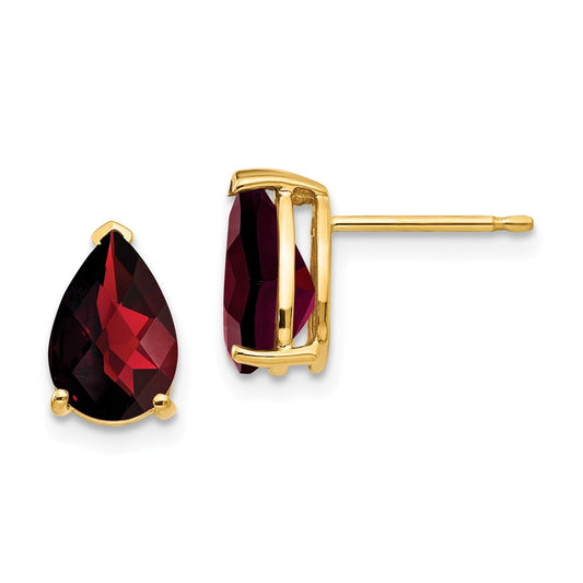 Million Charms 14k Yellow Gold 9x6mm Pear Garnet Checker Earrings, 10mm x 6mm
