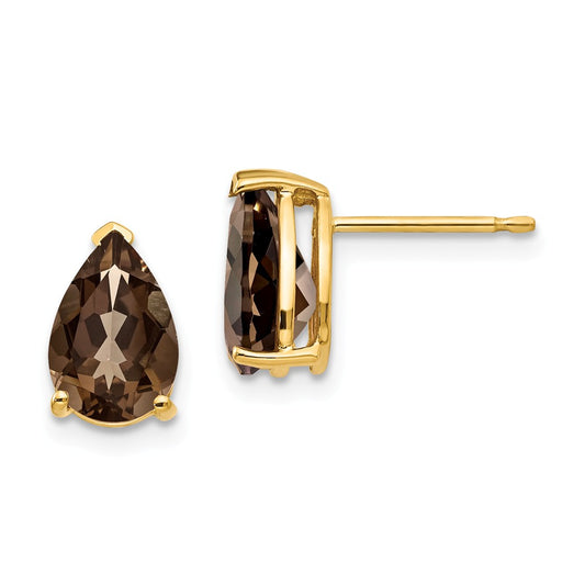 Million Charms 14k Yellow Gold 9x6 Pear Smoky Quartz Earrings, 10mm x 6mm
