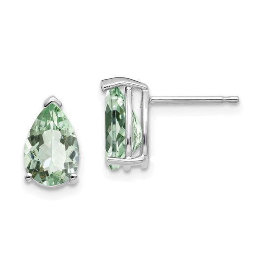Million Charms 14k White Gold 9x6 Pear Green Quartz Earrings, 10mm x 6mm