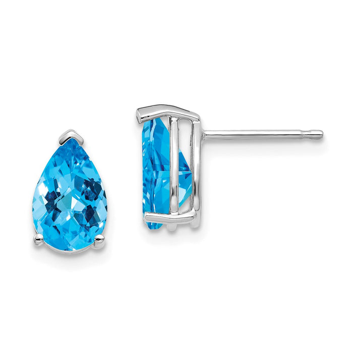 Million Charms 14k White Gold 9x6mm Pear Blue Topaz Checker Earrings, 10mm x 6mm