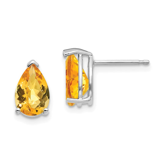 Million Charms 14k White Gold 9x6mm Pear Citrine Checker Earrings, 10mm x 6mm