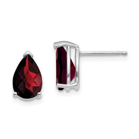 Million Charms 14k White Gold 9x6mm Pear Garnet Checker Earrings, 10mm x 6mm
