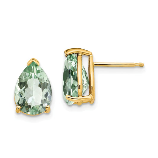 Million Charms 14k Yellow Gold 10x7 Pear Green Quartz Earrings, 11mm x 7mm