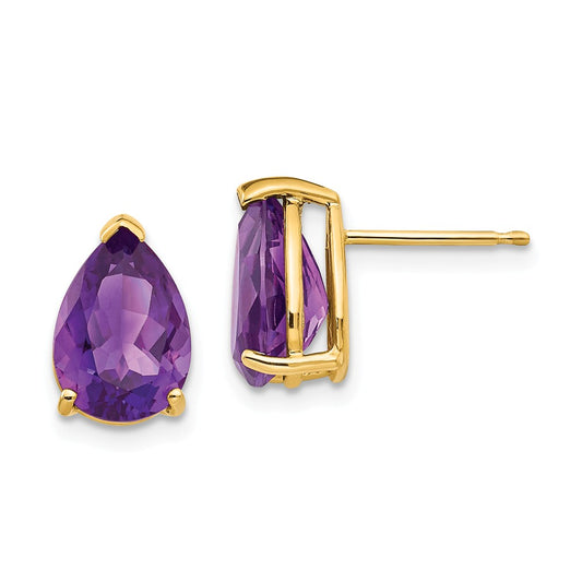 Million Charms 14k Yellow Gold 10x7mm Pear Amethyst Earrings, 12mm x 7mm