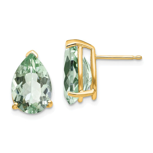 Million Charms 14k Yellow Gold 12x8 Pear Green Quartz Earrings, 13mm x 8mm