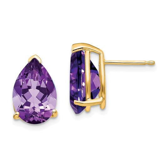 Million Charms 14k Yellow Gold Amethyst Pear Stud Earrings, 13mm x 8mm