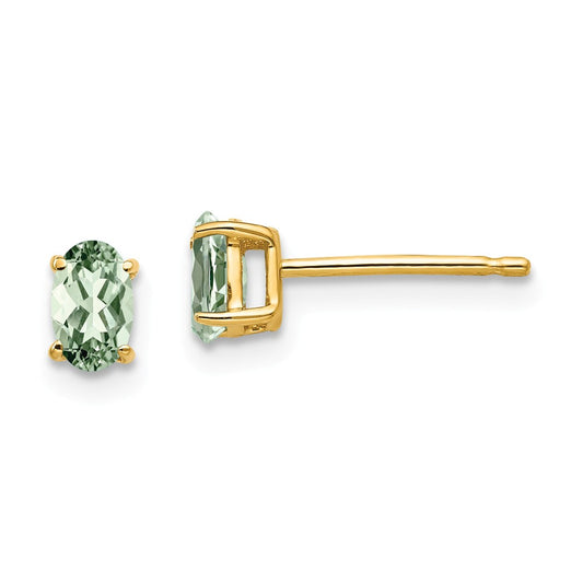 Million Charms 14k Yellow Gold 5x3 Oval Green Quartz Earrings, 6mm x 3mm