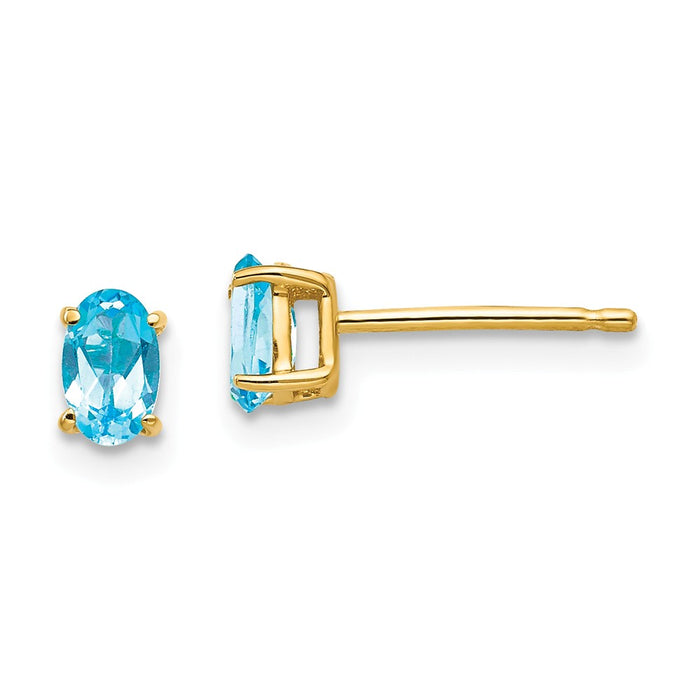 Million Charms 14k Yellow Gold 5x3mm Oval Blue Topaz earring, 5mm x 3mm