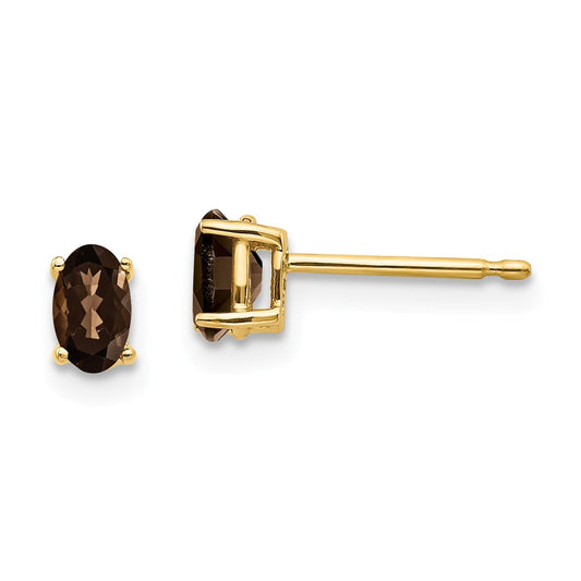 Million Charms 14k Yellow Gold 5x3 Oval Checker-Cut Smoky Quartz Earrings, 5mm x 3mm
