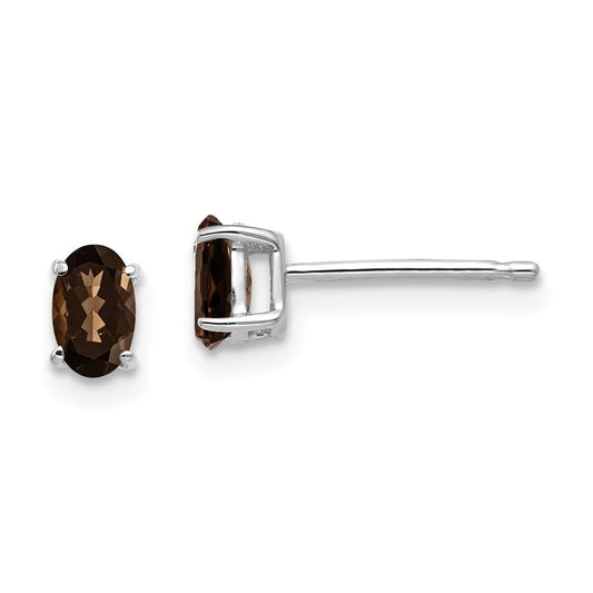 Million Charms 14k White Gold 5x3 Oval Checker-Cut Smoky Quartz Earrings, 5mm x 3mm