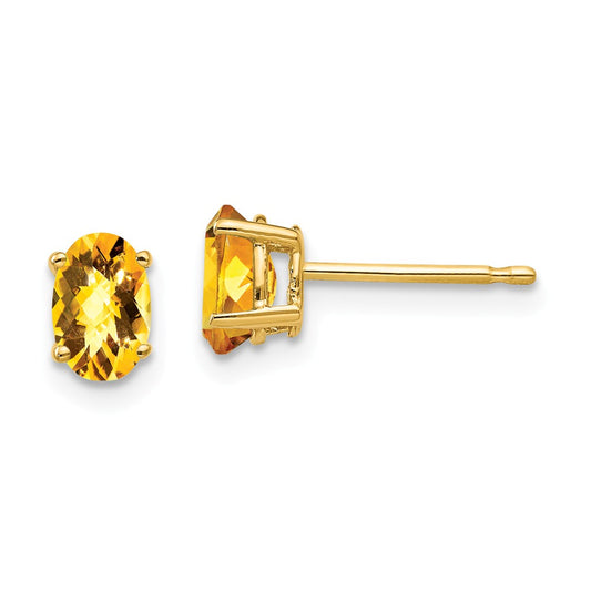 Million Charms 14k Yellow Gold 6x4mm Oval Citrine Checker Earrings, 6mm x 4mm