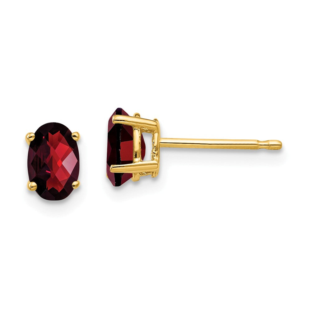 Million Charms 14k Yellow Gold 6x4mm Oval Garnet Checker Earrings, 6mm x 4mm