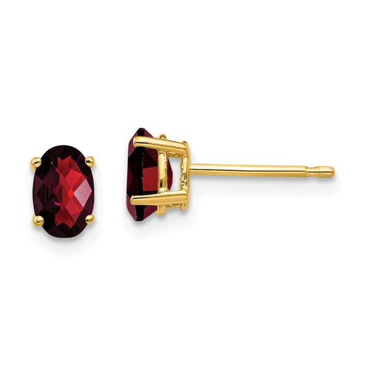 Million Charms 14k Yellow Gold 6x4mm Oval Garnet Checker Earrings, 6mm x 4mm