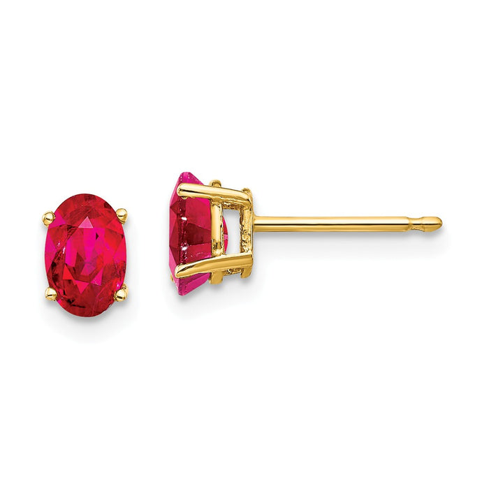 Million Charms 14k Yellow Gold Ruby Post Earrings, 6mm x 4mm