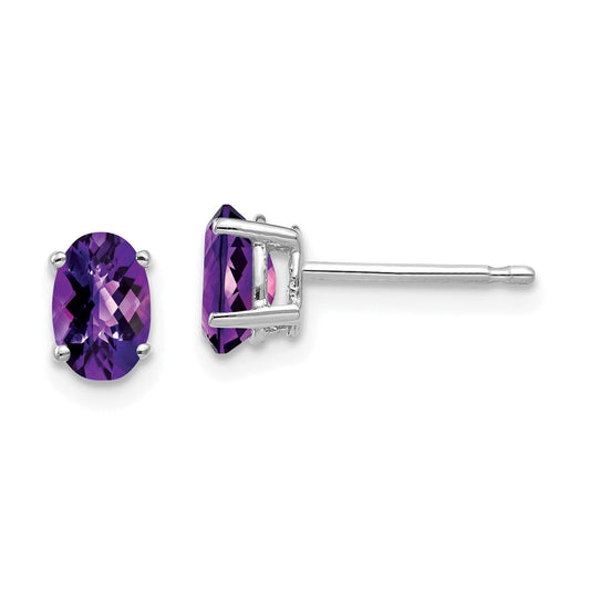 Million Charms 14k White Gold 6x4mm Oval Amethyst Checker Earrings, 7mm x 4mm