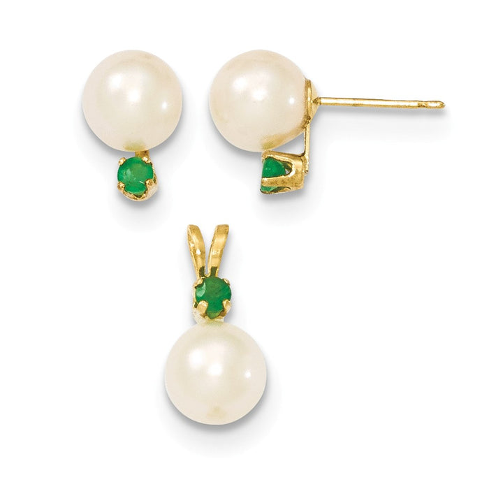 Million Charms Jewelry Set - 14k Yellow Gold 7-8mm White Freshwater Cultured Pearl & Emerald Stud Earrings & Pendant