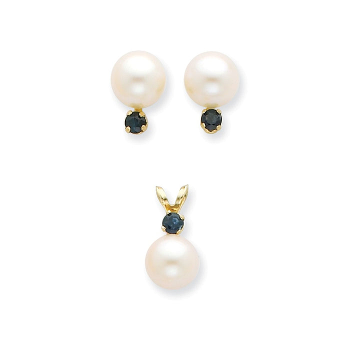 Million Charms Jewelry Set - 14k Yellow Gold 7-8mm White Freshwater Cultured Pearl & Sapphire Stud Earring & Pendant