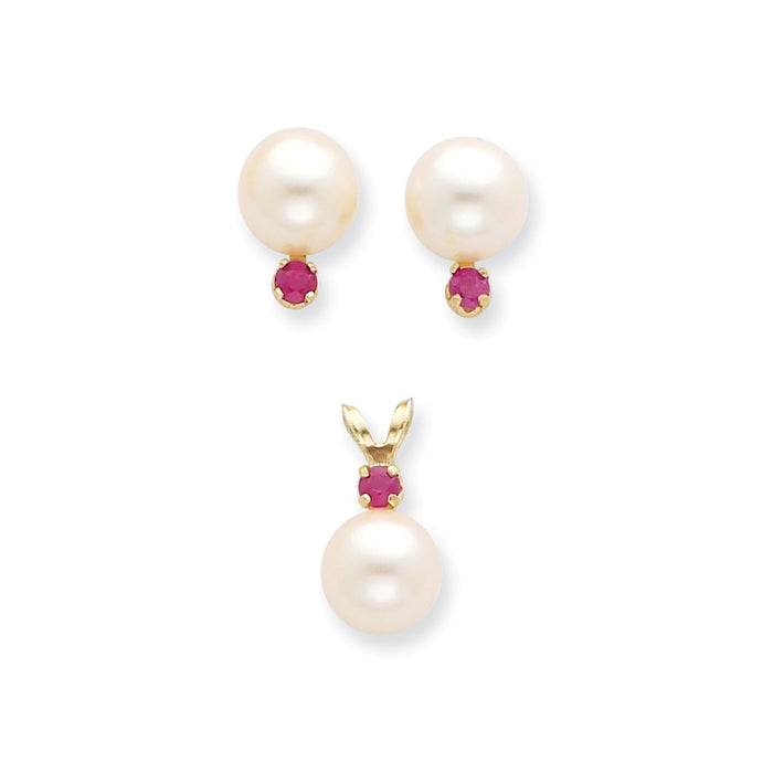 Million Charms Jewelry Set - 14k Yellow Gold 7-8mm White Freshwater Cultured Pearl & Ruby Stud Earrings & Pendant