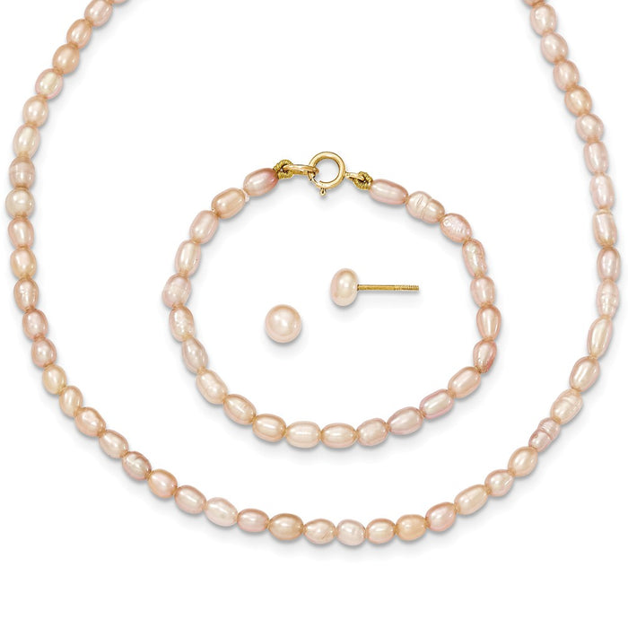 Million Charms Jewelry Set - 14k Yellow Gold Pink Freshwater Cultured Pearl 12 Necklace, 5 Bracelet & Earring Set