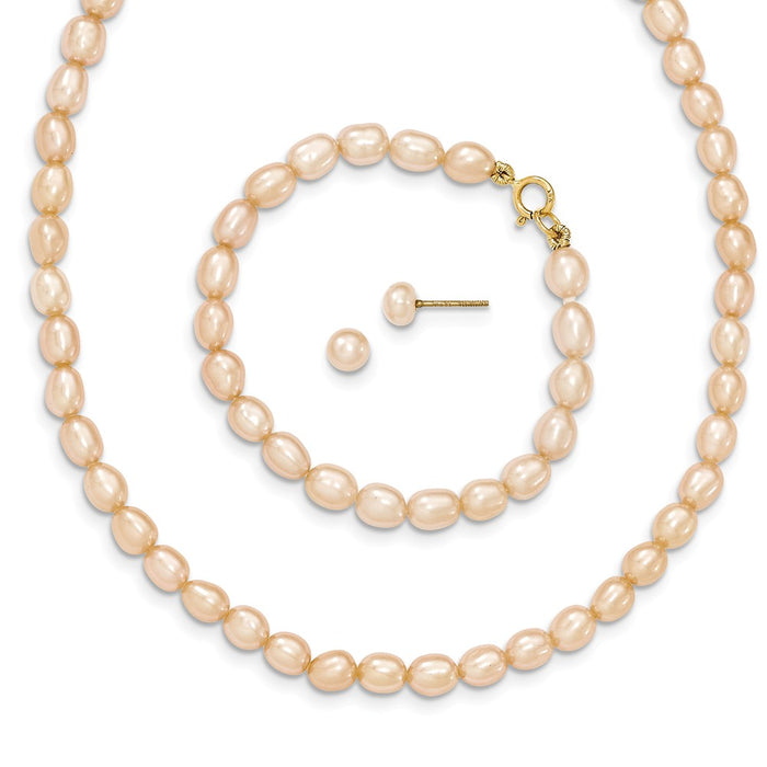 Million Charms Jewelry Set - 14k Yellow Gold Pink Freshwater Cultured Pearl 14 Necklace, 5 Bracelet & Earring Set
