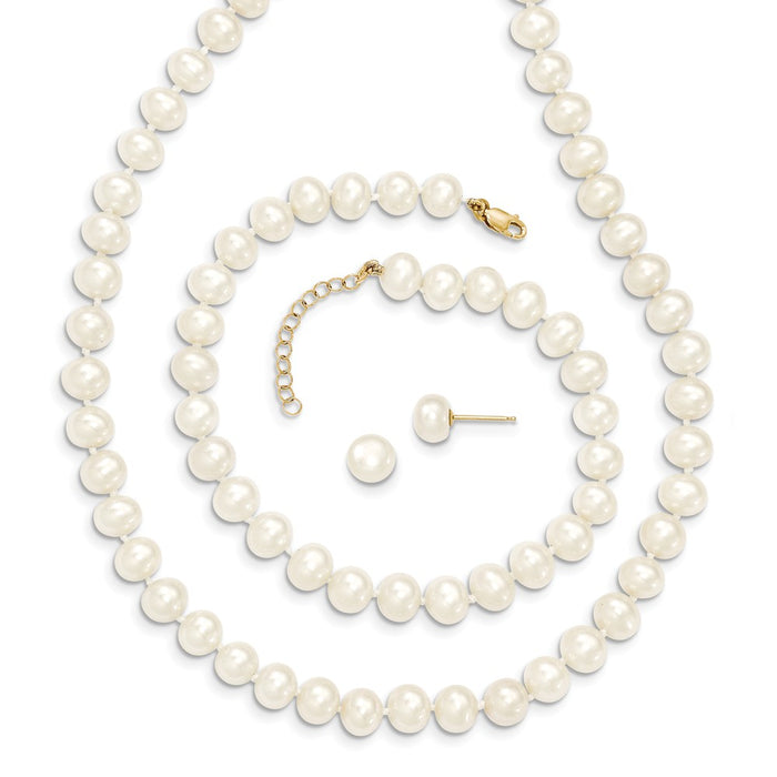 Million Charms Jewelry Set - 14k Yellow Gold 6-7mm Freshwater Cultured Pearl 7.25 w/1 ext Brace 18 w/2 ext Necklace Earring Set