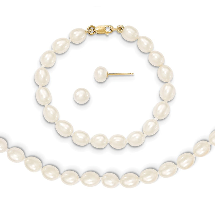 Million Charms Jewelry Set - 14k Yellow Gold 5-6mm Freshwater Cultured Pearl 5in Bracelet, 14in Necklace & Earring Set