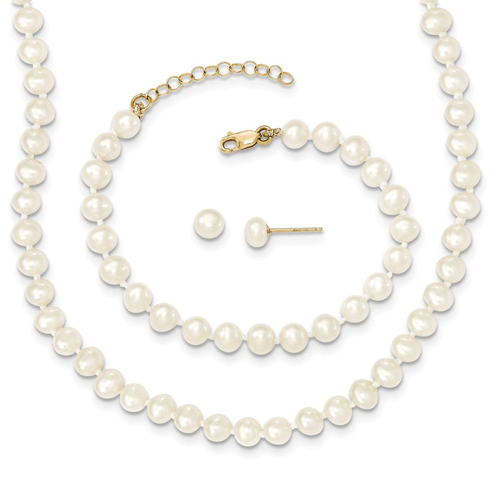 Million Charms Jewelry Set - 14k Yellow Gold 4-5mm Freshwater Cultured Pearl 5 w/1 ext Bracelet 14 w/1 ext Necklace Earring Set