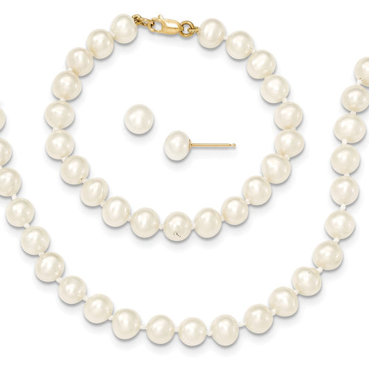 Million Charms Jewelry Set - 14k Yellow Gold 5-6mm Freshwater Cultured Pearl 5in Bracelet, 14in Necklace & Earring Set