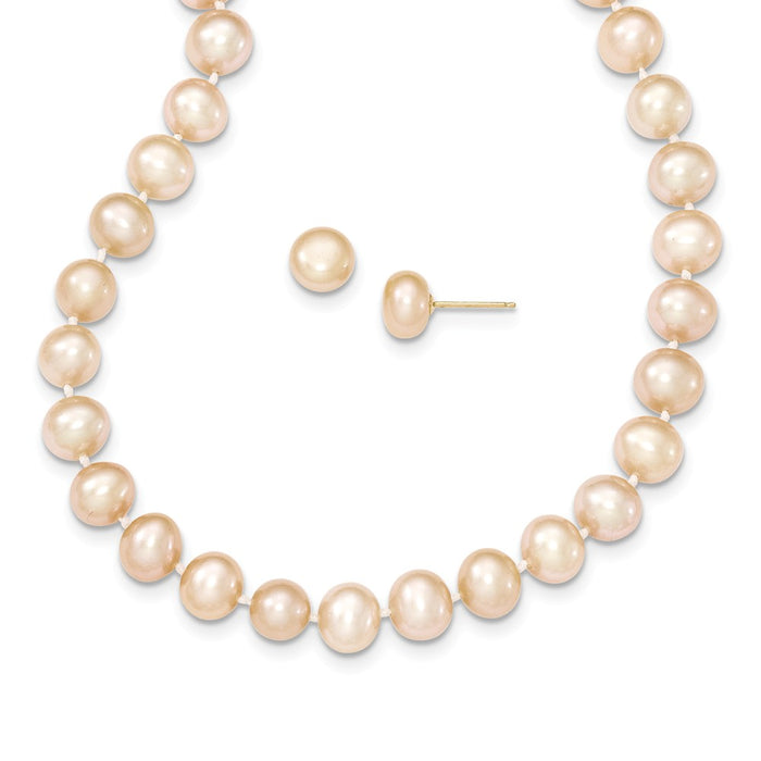Million Charms Jewelry Set - 14k Yellow Gold 7-8mm Pink Freshwater Cultured Pearl Necklace and Button Stud Earring Set