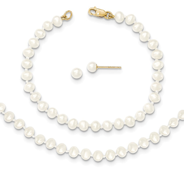 Million Charms Jewelry Set - 14k Yellow Gold 3-4mm Freshwater Cultured Pearl 14in Necklace, 5in. Bracelet & Earring Set