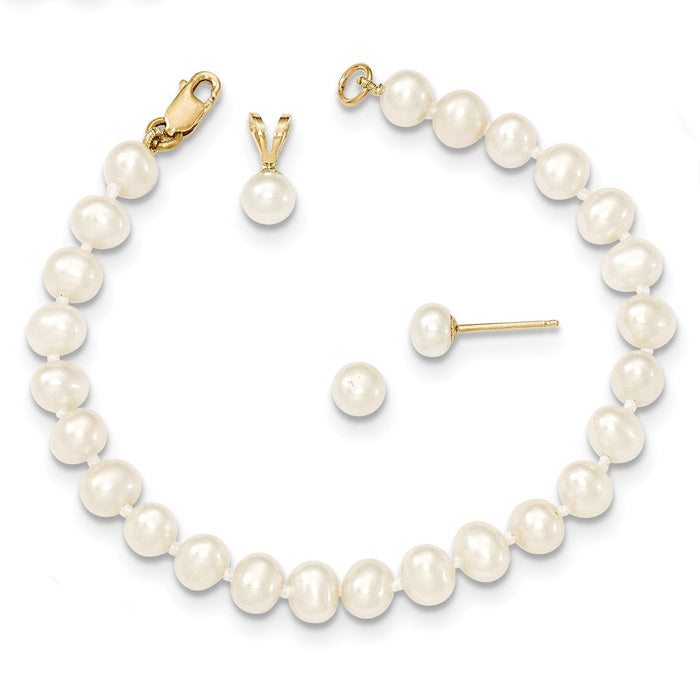 Million Charms Jewelry Set - 14k Yellow Gold 4-5mm White Freshwater Cultured Pearl Pendant, 5in Bracelet & Earring Set