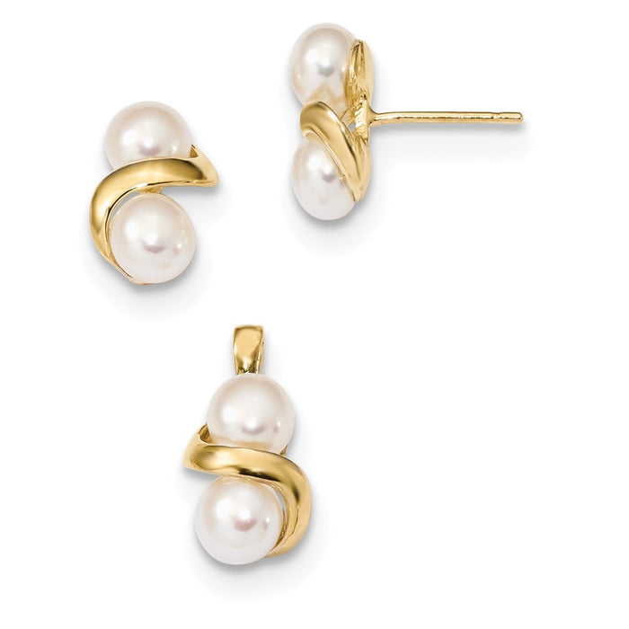 Million Charms Jewelry Set - 14k Yellow Gold 5-6mm White Button Freshwater Cultured Pearl Earring and Pendant Set