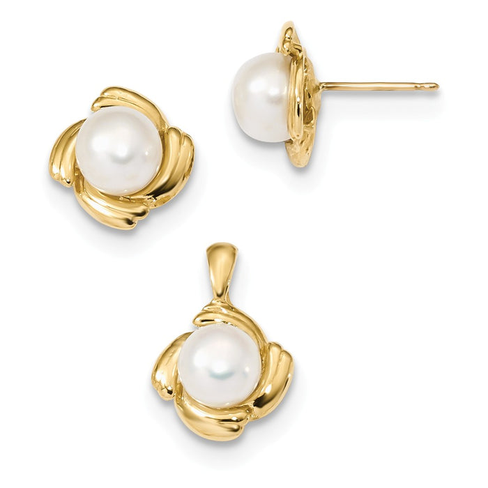 Million Charms Jewelry Set - 14k Yellow Gold 6-7mm White Button Freshwater Cultured Pearl Earring and Pendant Set