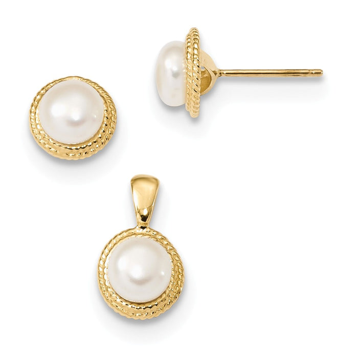 Million Charms Jewelry Set - 14k Yellow Gold 5-6mm White Button Freshwater Cultured Pearl Earring and Pendant Set