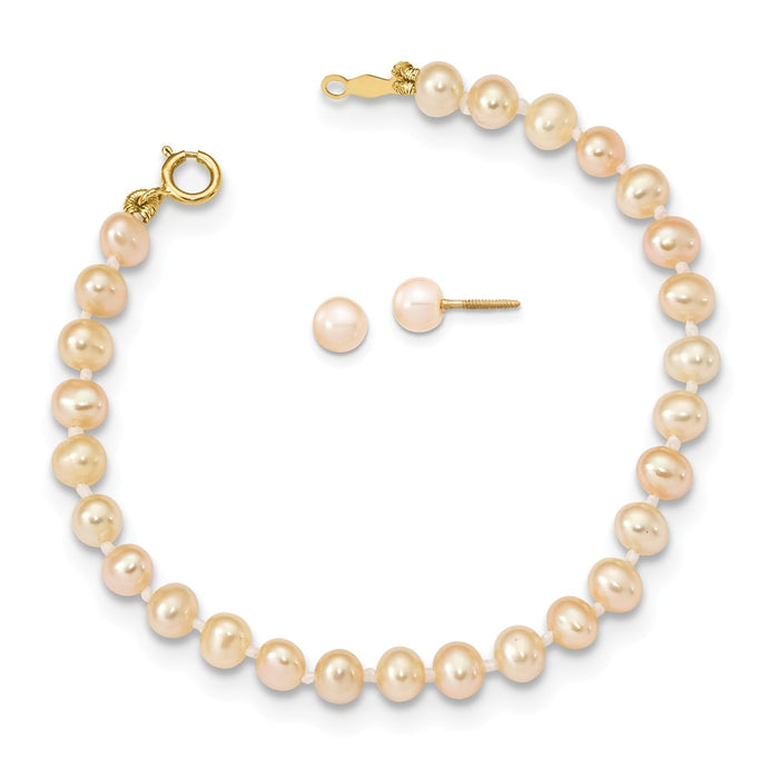 Madi K Jewelry Set - 14k Yellow Gold Madi K 4-5mm Pink Freshwater Cultured Pearl 5.5 Bracelet & Earrings Set