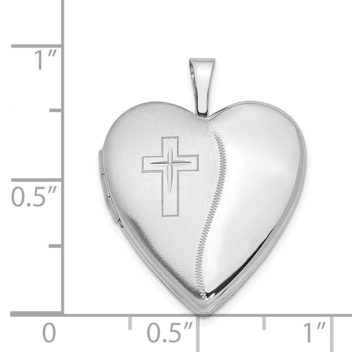 Million Charms 14K 20Mm White Gold Themed Polished Satin With Relgious Cross Heart Locket