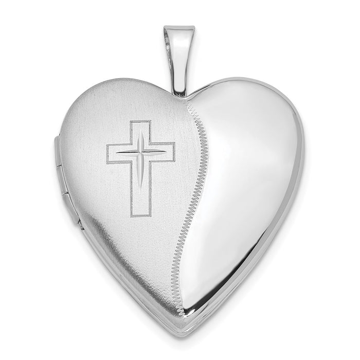 Million Charms 14K 20Mm White Gold Themed Polished Satin With Relgious Cross Heart Locket