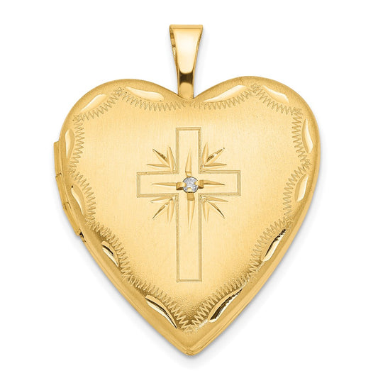 Medallón de corazón con cruz religiosa de 20 mm con diamantes engastados en oro amarillo de 14 quilates de Million Charms
