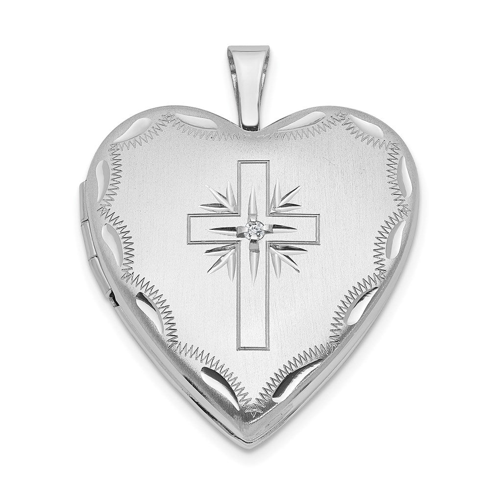 Million Charms 14K 20Mm White Gold Themed Diamond Set Relgious Cross Heart Locket