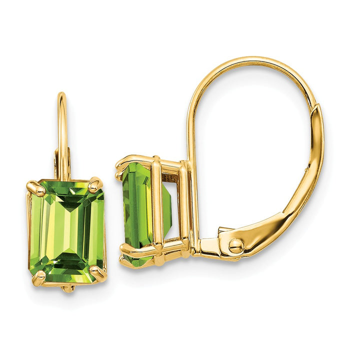 Million Charms 14k Yellow Gold 7x5mm Emerald Cut Peridot Leverback Earrings, 16mm x 5mm