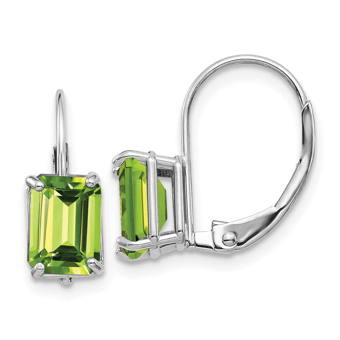 Million Charms 14k White Gold 7x5mm Emerald Cut Peridot Leverback Earrings, 15mm x 5mm