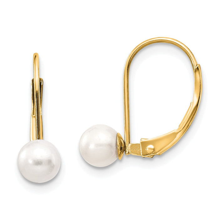 Million Charms 14k Yellow Gold 5-6mm White Round Freshwater Cultured Pearl Leverback Earrings, 15mm x 5mm