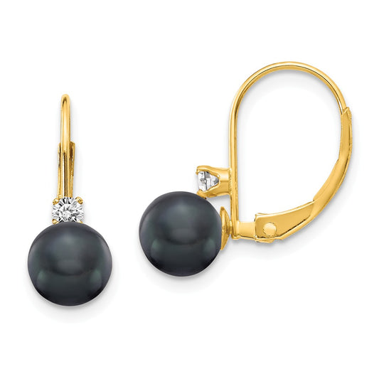 14k Yellow Gold 6-7mm Black Freshwater Cultured Pearl AA Diamond Leverback Earrings, 15mm x 6mm