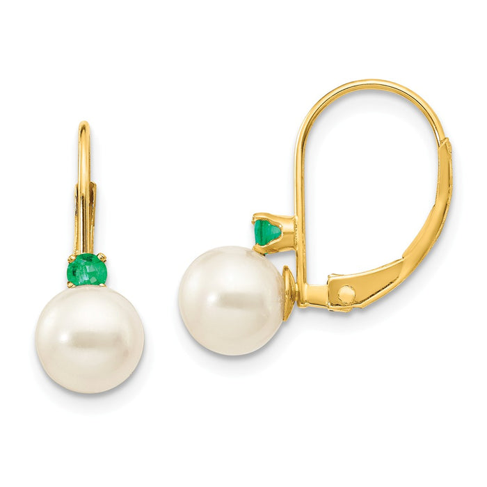 Million Charms 14k Yellow Gold 6-6.5mm White Round Freshwater Cultured Pearl Emerald Leverback Earrings, 15mm x 6mm