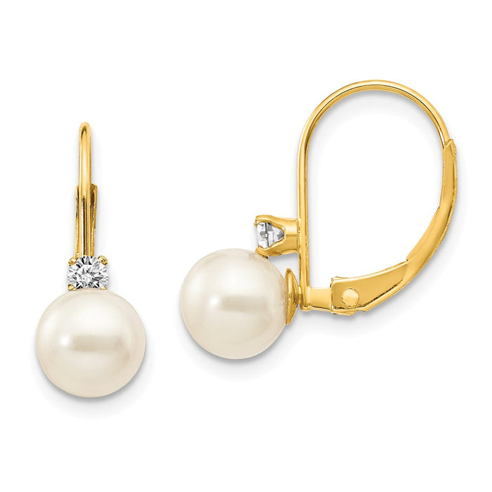 14k Yellow Gold 6-7mm White Round Freshwater Cultured Pearl AA Diamond Leverback Earrings, 15mm x 6mm